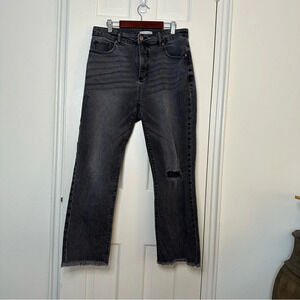 LOFT The Curvy Straight Crop High Rise Jeans Raw Hem Ripped Black 28